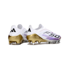 Chuteira Campo FG Adidas F50 Elite Sem Cadarço Branca, Roxa e Dourada