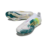 Chuteira Campo FG Adidas F50+ Elite Sem Cadarço Branca e Verde Pack Mo Salah