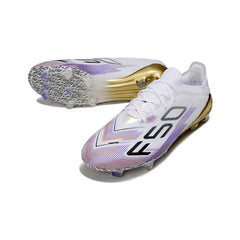 Chuteira Campo FG Adidas F50 Primeknit Elite Branca, Roxa e Dourada
