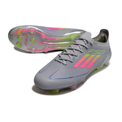 Chuteira Campo FG Adidas F50 Elite Cinza, Rosa e Amarela