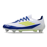Chuteira Campo Molhado SG Adidas F50 Primeknit Elite Branca, Azul e Amarela Messi