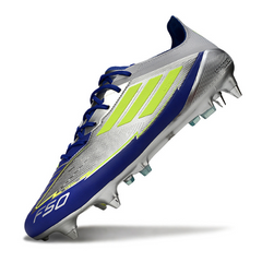Chuteira Campo Molhado SG Adidas F50 Elite Prateada e Azul Messi
