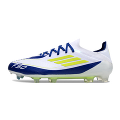 Chuteira Campo FG Adidas F50 Primeknit Elite Branca, Azul e Amarela