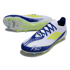 Chuteira Campo FG Adidas F50 Primeknit Elite Branca, Azul e Amarela