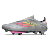 Chuteira Campo FG Adidas F50+ Elite Sem Cadarço Cinza, Rosa e Amarela