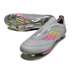 Chuteira Campo FG Adidas F50+ Elite Sem Cadarço Cinza, Rosa e Amarela
