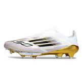 Chuteira Campo FG Adidas F50+ Elite Sem Cadarço Branca Preta e Dourada