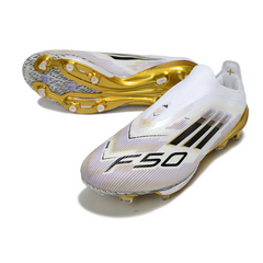 Chuteira Campo FG Adidas F50+ Elite Sem Cadarço Branca Preta e Dourada