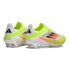 Chuteira Campo FG Adidas F50+ Elite Sem Cadarço Verde, Branca e Laranja