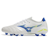 Chuteira Campo FG Mizuno Morelia Neo IV Elite Branca, Azul e Amarela