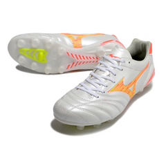 Chuteira Campo FG Mizuno Morelia Neo IV Pro Branca Laranja e Amarela