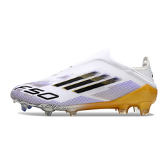 Chuteira Campo FG Adidas F50 Elite Sem Cadarço Branca, Preta e Dourada Infantil