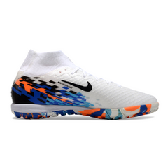 Chuteira Society TF Nike Zoom Mercurial Superfly 10 Elite Infantil Branca, Azul e Laranja