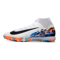 Chuteira Society TF Nike Zoom Mercurial Superfly 10 Elite Infantil Branca, Azul e Laranja
