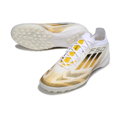 Chuteira Society TF Adidas F50 Elite Branca e Dourada