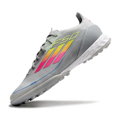 Chuteira Society TF Adidas F50 Elite Cinza, Rosa e Amarela