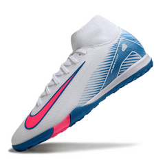 Chuteira Society TF Nike Zoom Mercurial Superfly 10 Elite Branca, Azul-Clara e Rosa