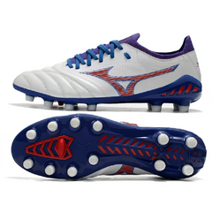 Chuteira Campo FG Mizuno Morelia Neo III Pro Branca Azul and Vermelha