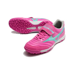 Chuteira Society TF Mizuno Morelia Rosa e Azul-Clara