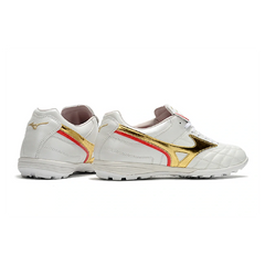 Chuteira Society TF Mizuno Wave Cup Branca e Dourada