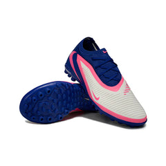 Chuteira Society TF Nike Phantom 6 Pro Branca, Azul e Rosa Infantil