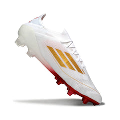 Chuteira Campo FG Adidas F50 Primeknit Elite Branca, Dourada e Vermelha