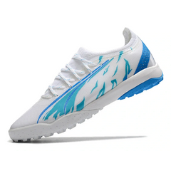 Chuteira Society TF Puma Ultra Ultimate Branca e Azul