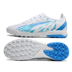 Chuteira Society TF Puma Ultra Ultimate Branca e Azul