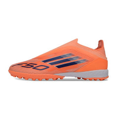 Chuteira Society TF Adidas F50 Elite Sem Cadarço Laranja e Azul Infantil