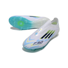 Chuteira Campo FG Adidas F50 Elite Sem Cadarço Branco, Azul e Preto