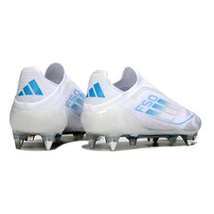 Chuteira Campo Molhado SG Adidas F50 Elite Sem Cadarço Branca e Azul-Clara