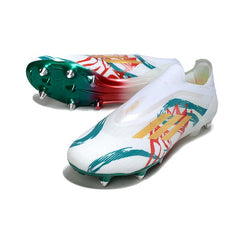 Chuteira Campo Molhado SG Adidas F50 Elite Sem Cadarço Branca, Verde e Vermelha