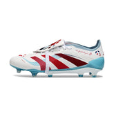 Chuteira Campo FG Adidas Predator 25 Elite Branca, Azul-Clara e Vermelha-Escura