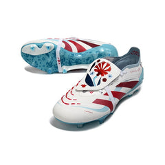 Chuteira Campo FG Adidas Predator 25 Elite Branca, Azul-Clara e Vermelha-Escura