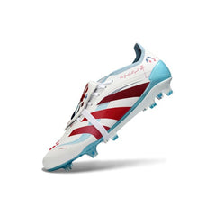Chuteira Campo FG Adidas Predator 25 Elite Branca, Azul-Clara e Vermelha-Escura