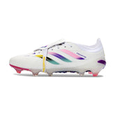 Chuteira Campo FG Adidas Predator 26 Elite Com Língua Branca, Rosa e Roxa