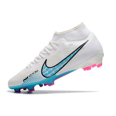 Chuteira Campo FG Nike Zoom Mercurial Superfly 9 Academy Branca, Azul e Rosa
