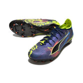 Chuteira Campo FG Puma Ultra 5 Carbon Azul e Verde Fluorescente