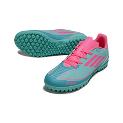 Chuteira Society TF Adidas F50 Club Messi Azul-Clara e Rosa