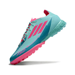 Chuteira Society TF Adidas F50 Elite Azul-Clara e Rosa
