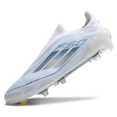 Chuteira Campo FG Adidas F50 Elite Sem Cadarço Branca e Azul