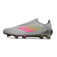 Chuteira Campo FG Adidas F50 Elite Sem Cadarço Cinza, Rosa e Amarela