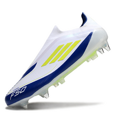 Chuteira Campo Molhado SG Adidas F50 Elite Sem Cadarço Branca, Azul e Verde Infantil