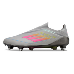 Chuteira Campo Molhado SG Adidas F50 Elite Sem Cadarço Cinza, Rosa e Amarela