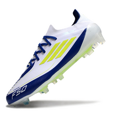 Chuteira Campo FG Adidas F50 Primeknit Elite Branca, Azul e Amarela
