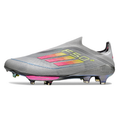 Chuteira Campo FG Adidas F50+ Elite Sem Cadarço Cinza, Rosa e Amarela