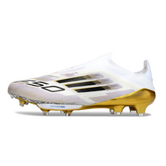Chuteira Campo FG Adidas F50+ Elite Sem Cadarço Branca Preta e Dourada
