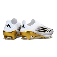 Chuteira Campo FG Adidas F50+ Elite Sem Cadarço Branca Preta e Dourada