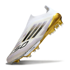 Chuteira Campo FG Adidas F50+ Elite Sem Cadarço Branca Preta e Dourada