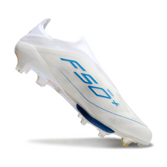 Chuteira Campo FG Adidas F50+ Elite Sem Cadarço Branca e Azul